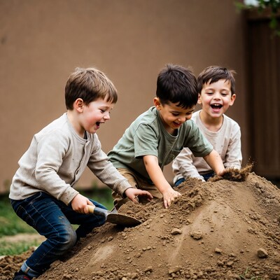 Three boys digging sand pile