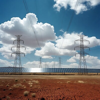 Solar panels and power lines in desert