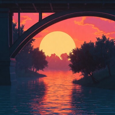 Sunset Through Bridge Over River