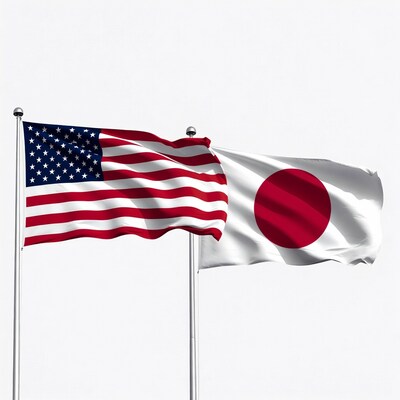 US and Japanese Flags Waving