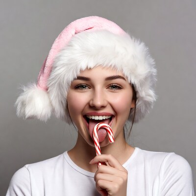 Woman licking candy cane in Santa hat