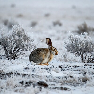 Jackrabbit in snowy winter field