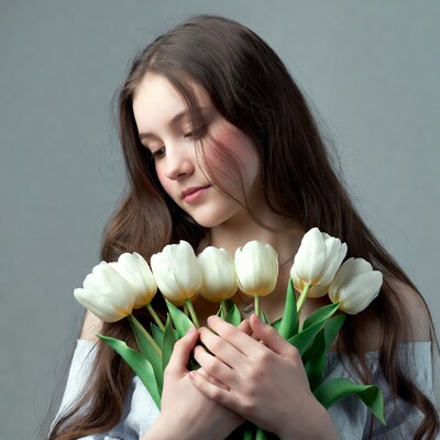 Girl holding white tulips