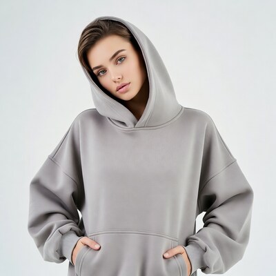 Woman in gray hoodie with hood up