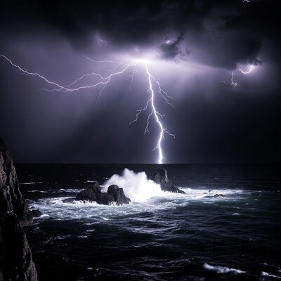 Lightning striking over ocean rocks
