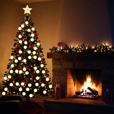 Lit Christmas Tree by Fireplace