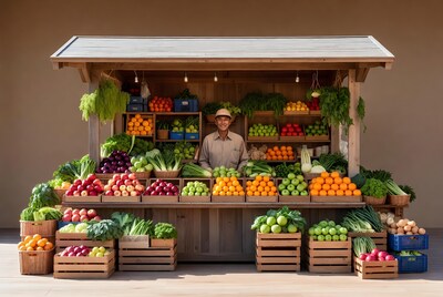 Asian man at colorful fruit vegetable stand