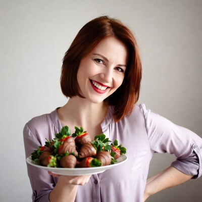 Woman holding chocolate covered strawberries