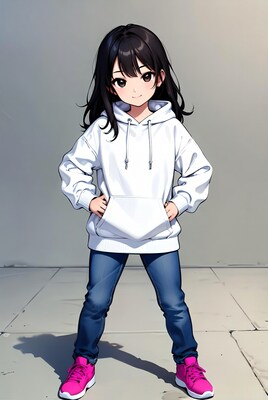 Anime girl in white hoodie and pink sneakers