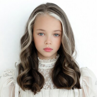 Girl with white-streaked hair in lace blouse