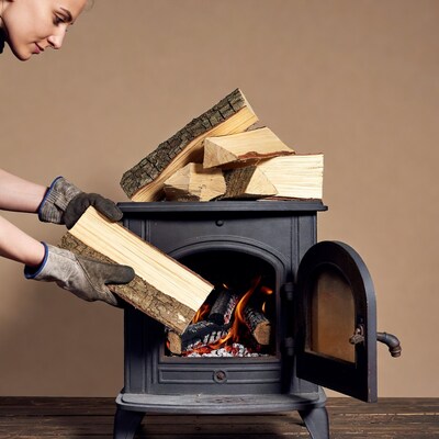 Woman adding firewood to stove