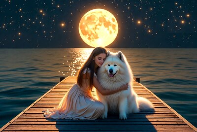 Girl hugging Samoyed dog on pier