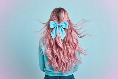 Woman with pink hair and blue bow