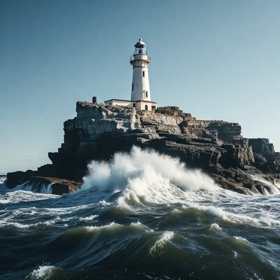 Lighthouse on rocky island with crashing waves
