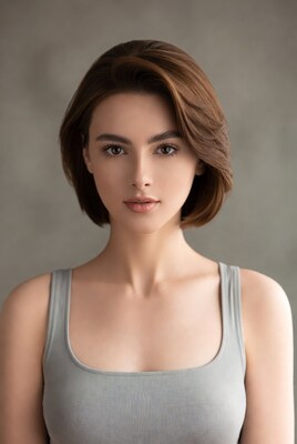 Woman with bob haircut in gray top