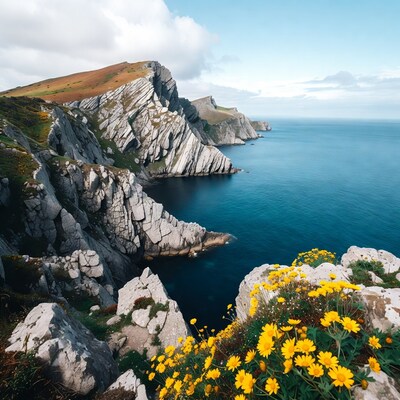 Cliff Coastline with Yellow Flowers and Ocean