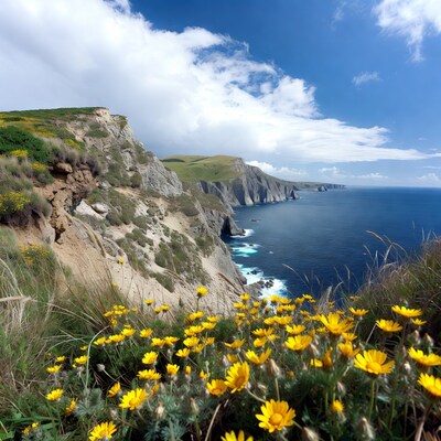 Yellow flowers on coastal cliffs