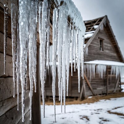 Icicles hanging from wooden barn