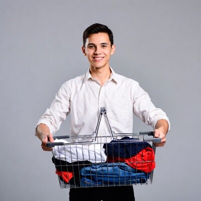 Young man holding laundry basket