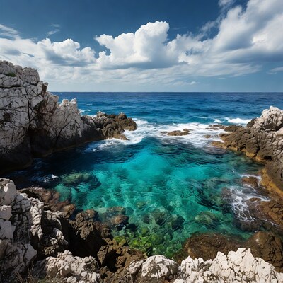Turquoise sea pool in rocky cliffs