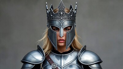 Blonde woman in warrior helmet and crown