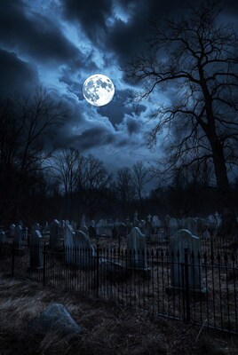 Full Moon Over Cemetery at Night