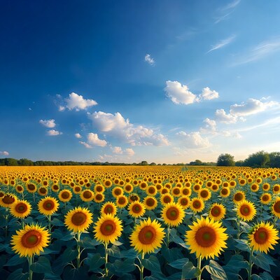 Vast sunflower field under blue sky