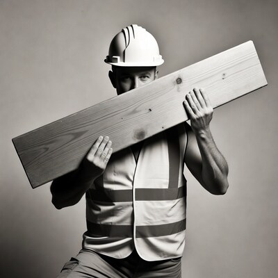 Man holding wooden plank with hardhat