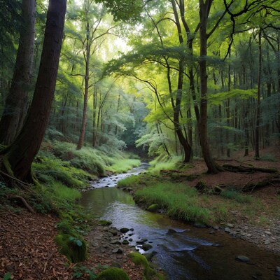 Forest Stream with Sunlight and Mossy Rocks