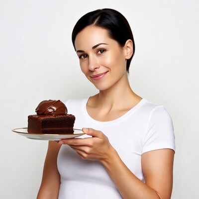 Woman holding chocolate cake slice
