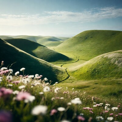 Rolling Green Hills with Daisies