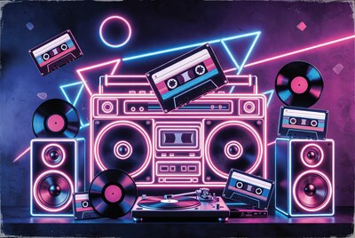 Neon Boombox with Cassettes and Vinyls