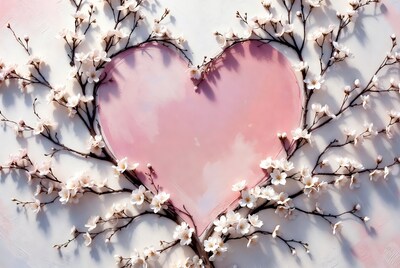 Pink heart with white cherry blossoms