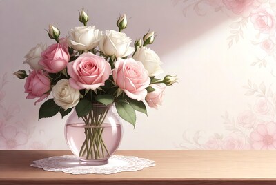 Pink and white roses in glass vase