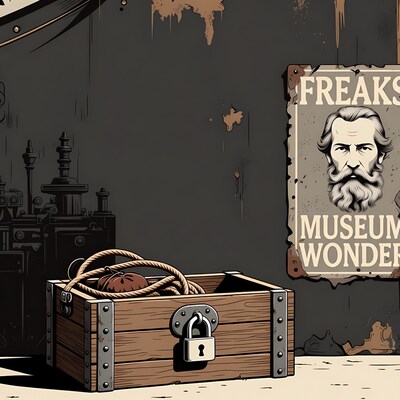 Locked Wooden Crate with Rope Freaks Museum Sign