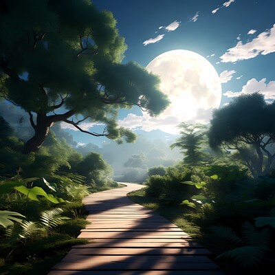 Wooden path through moonlit forest