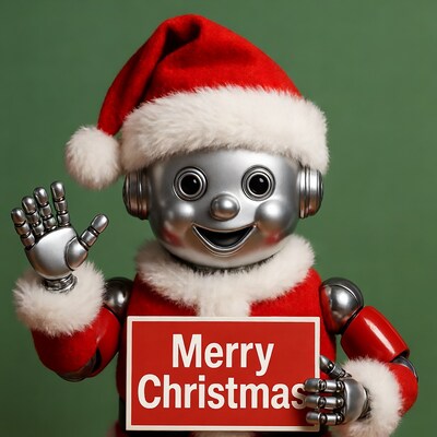 Santa Robot Waving Merry Christmas Sign