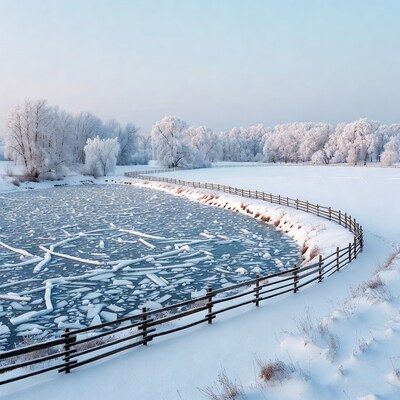 Frozen Pond with Snowy Trees and Fence