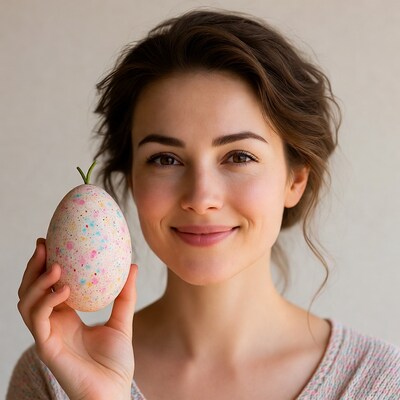 Woman holding colorful speckled egg