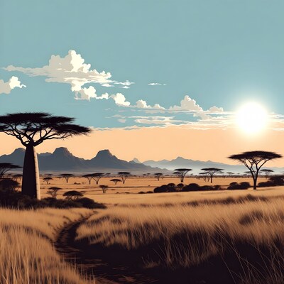Baobab tree in African savanna sunset
