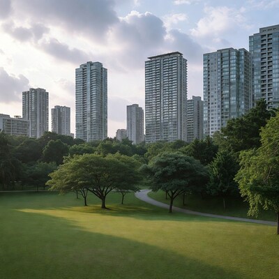 Urban park with skyscrapers and green lawn