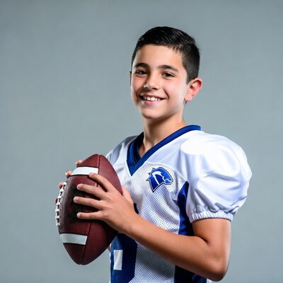 Boy holding football in jersey