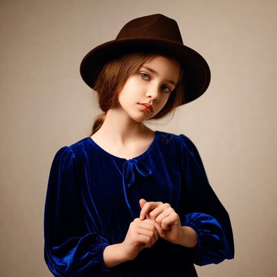 Girl in blue velvet dress and brown hat