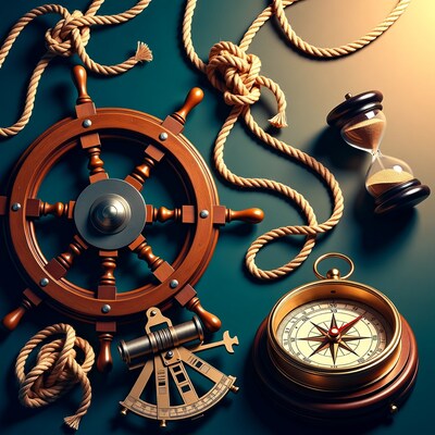 Ship's Wheel with Nautical Instruments
