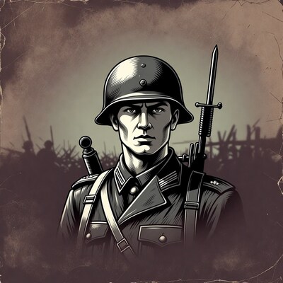 German Soldier in Helmet with Rifle