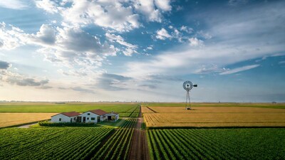 Farmhouse Windmill Green Fields Aerial View