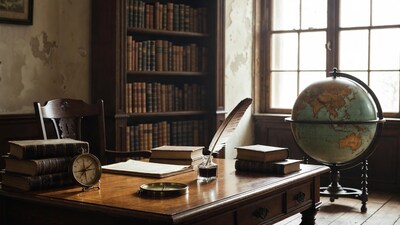Vintage Desk with Quill Globe Books