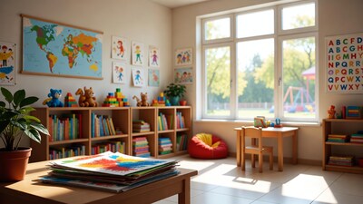 Bright kindergarten classroom interior
