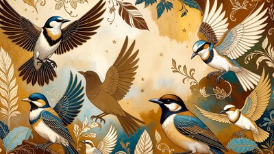 Flying Shrikes with Ornate Leaves