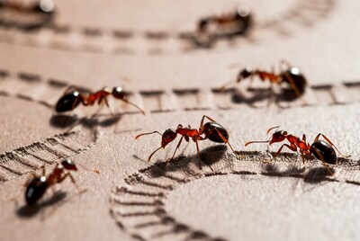 Red ants crawling on sandy ground